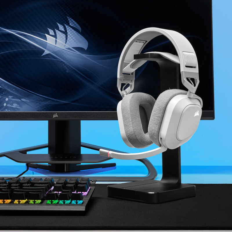 Corsair HS80 RGB trådløst gamingheadset 7.1 Surround hvit montert på hode