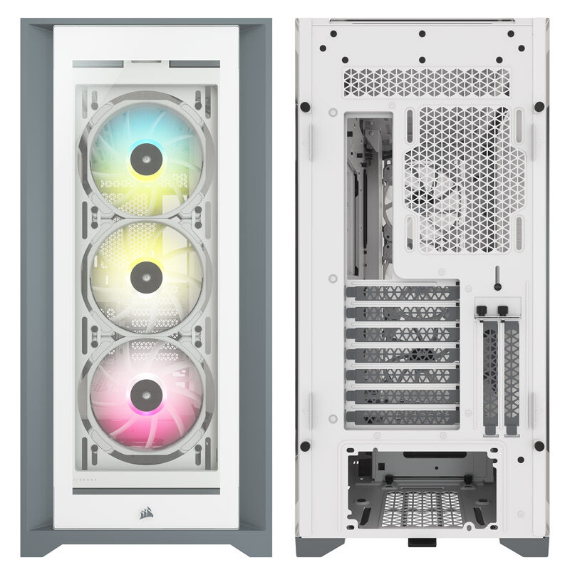 Detaljbilde av Corsair iCUE 5000X RGB kabinett i hvit med RGB-lys