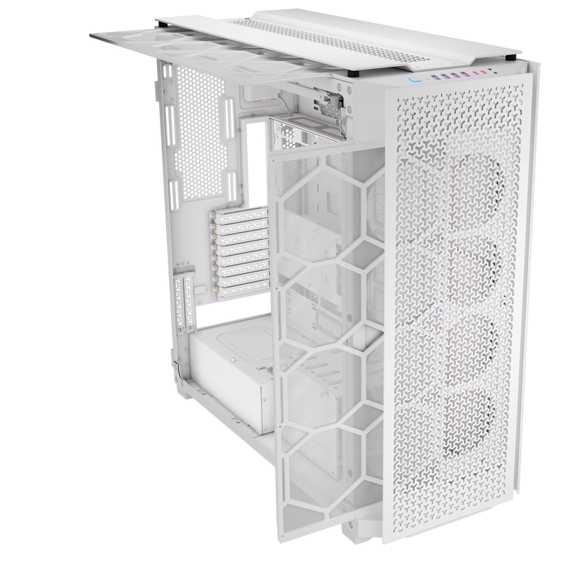 Detalj av Corsair iCUE 9000D RGB Airflow kabinett hvit E-ATX glasspanel