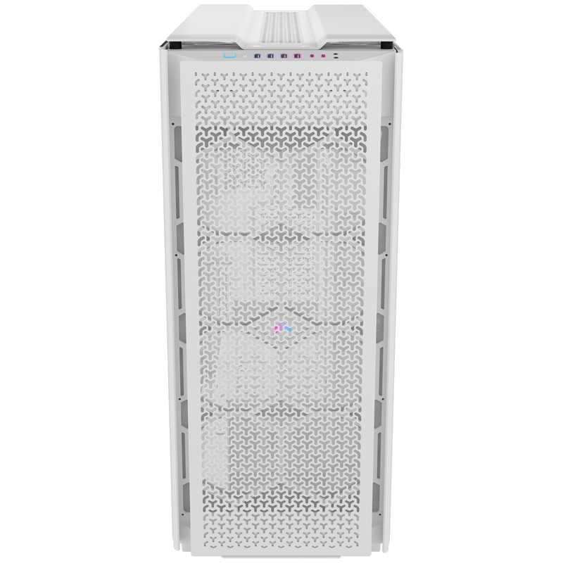 Nærbilde av Corsair iCUE 9000D RGB Airflow kabinett hvit E-ATX ventilatorer