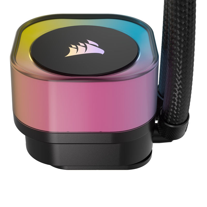Nærbilde av Corsair iCUE LINK H100i RGB AIO vannkjøling 240 mm svart vifte