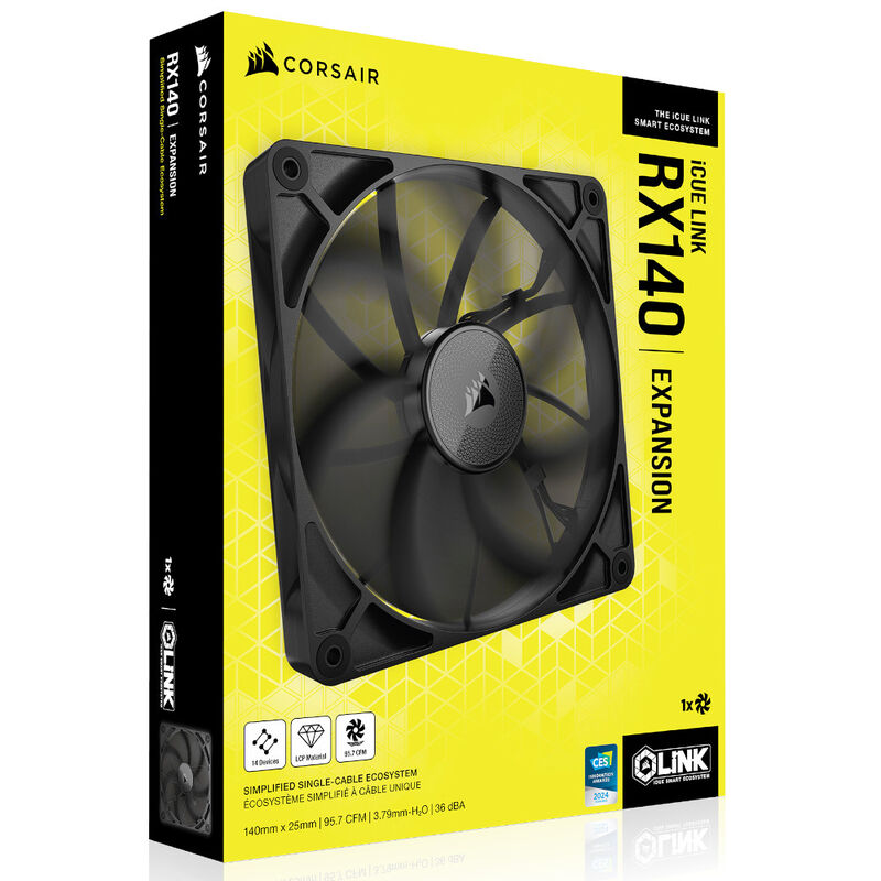 Nærbilde av viftebladene på Corsair iCUE LINK RX140 PWM vifte 140 mm svart