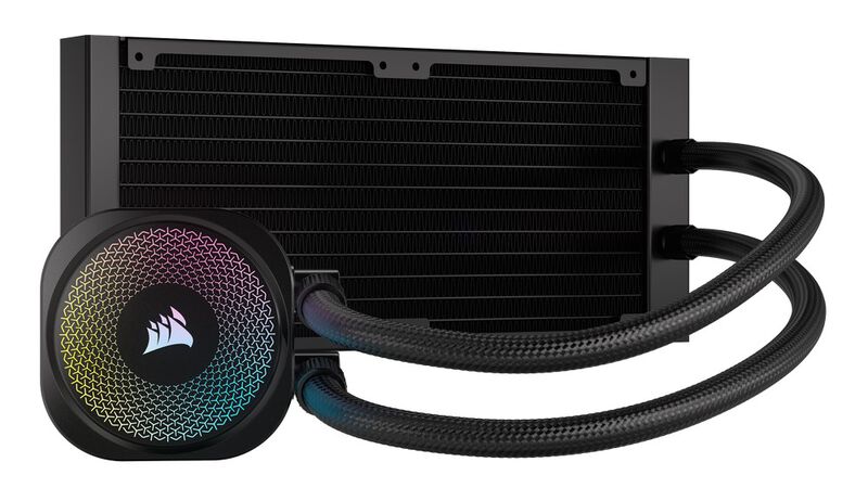 Detalj av RGB-belysning på Corsair iCUE LINK Titan 240 RX RGB AIO pumpe