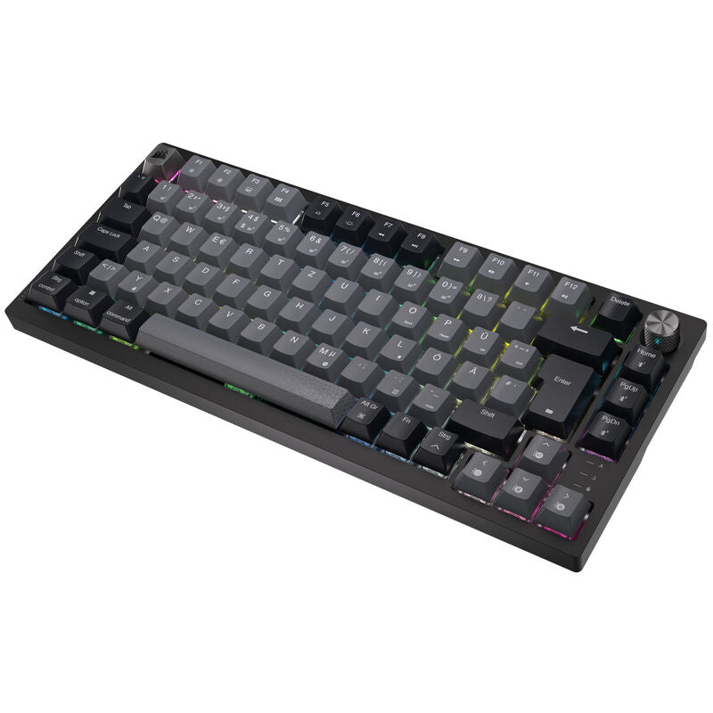 Corsair K65 Plus Wireless TKL gamingtastatur 75% MLX Fusion svart montert på skrivebord