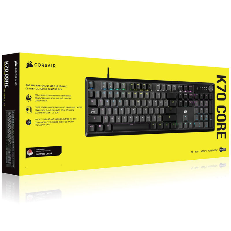 Corsair-logo på Corsair K70 RGB CORE mekanisk gamingtastatur Cherry MX Red
