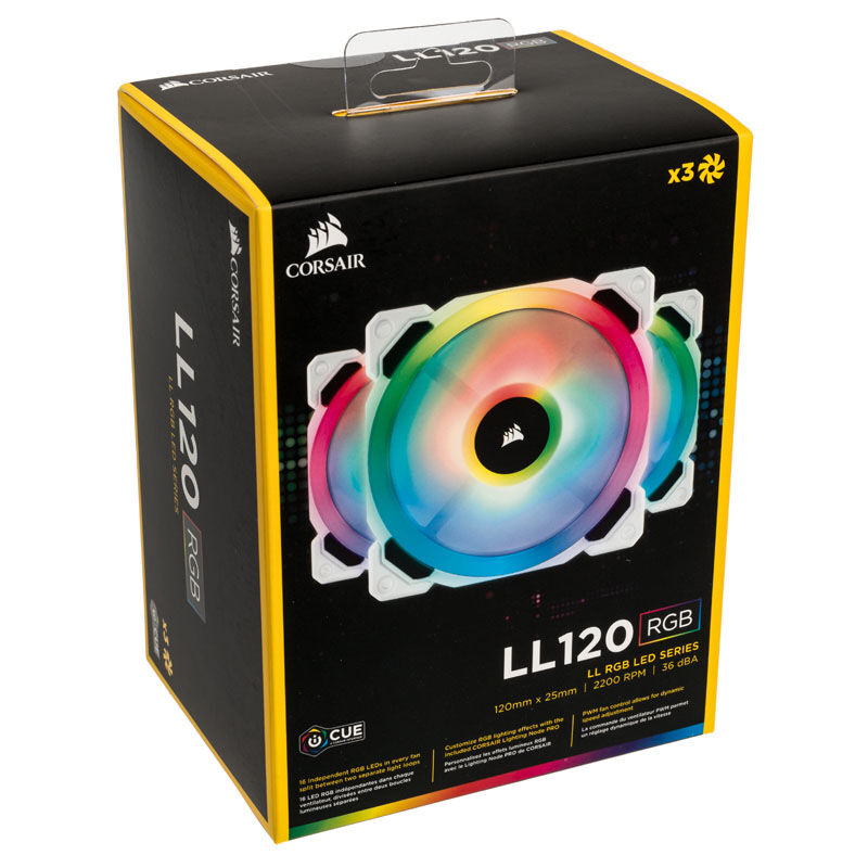 Corsair LL120 RGB PWM vifte 120 mm 3-pakning med kontroller hvit i bruk