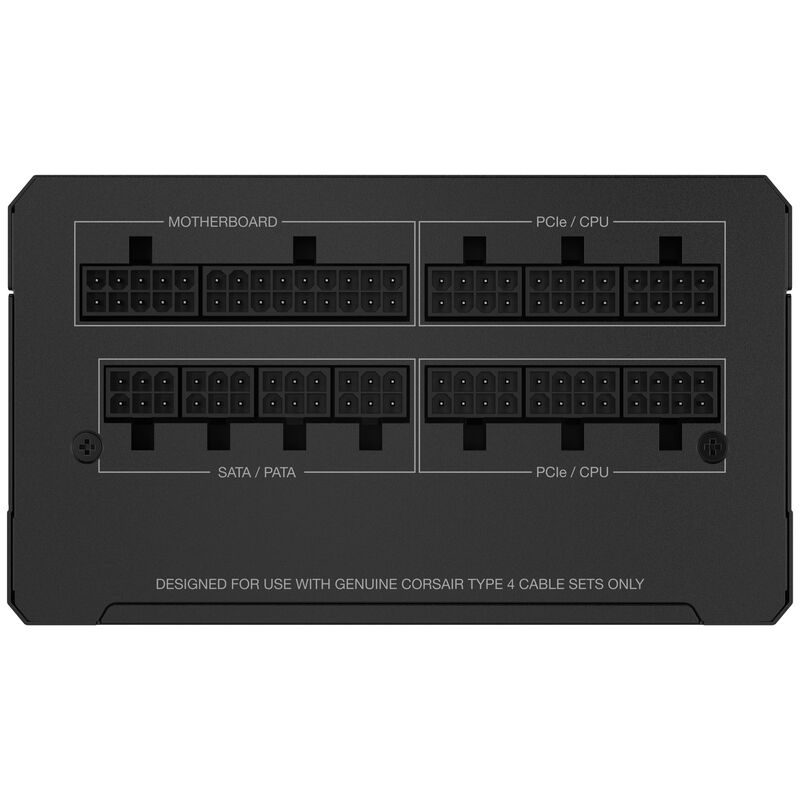 Nærbilde av tilkoblinger på Corsair RM1200e strømforsyning 1200 W