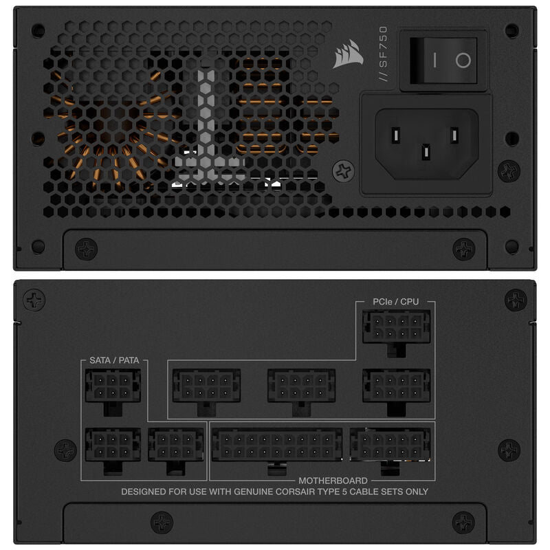 Nærbilde av kabeltilkoblinger på Corsair SF750 SFX strømforsyning