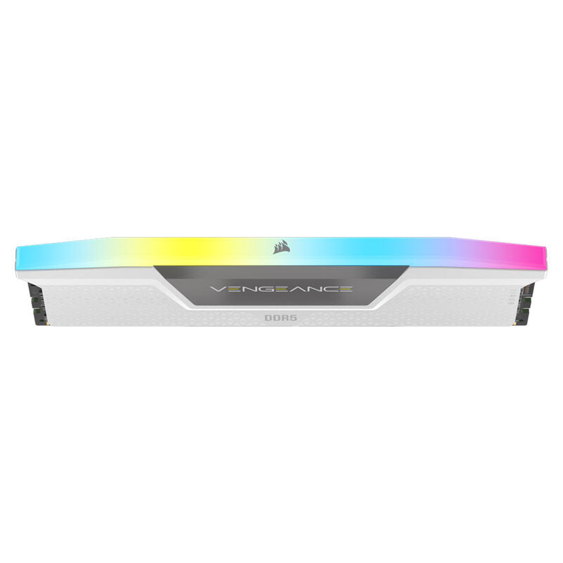 Nærbilde av RGB-belysning på Corsair Vengeance RGB DDR5-6200 CL36 RAM 32 GB hvit XMP