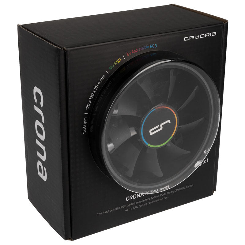 Oversikt av Cryorig Crona S PWM ARGB vifte 3-pakning 120 mm svart komponenter