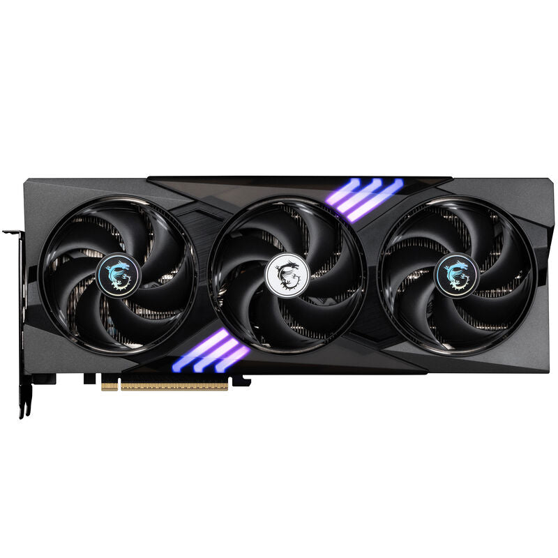 Detaljbilde av MSI GeForce RTX 5070 Gaming Trio OC grafikkort RGB-belysning