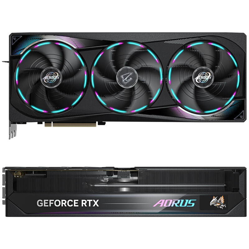 Detaljbilde av Gigabyte Aorus RTX 5080 Master grafikkort RGB-belysning