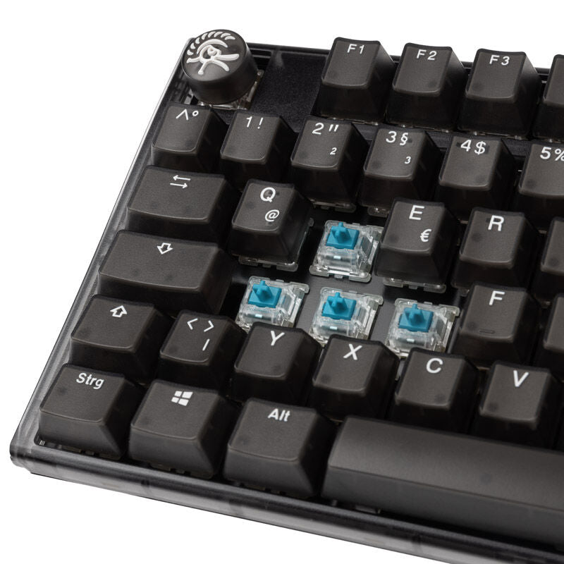 Nærbilde av Cherry MX Blue-switcher i Ducky One 3 Aura Black