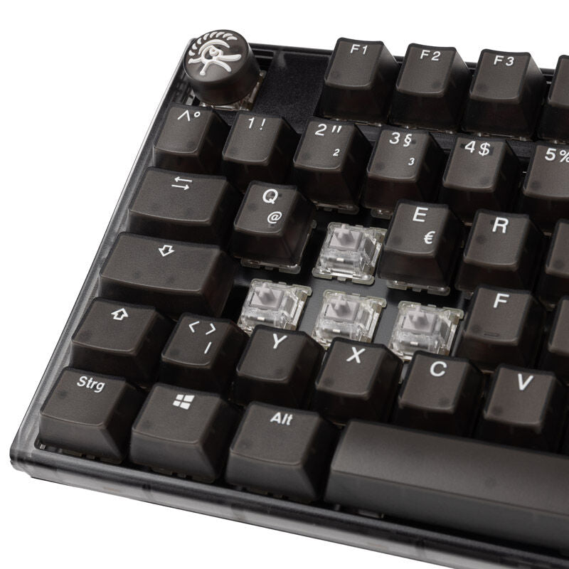 Nærbilde av translusente pudding-tastaturknapper på Ducky One 3 Aura Black TKL