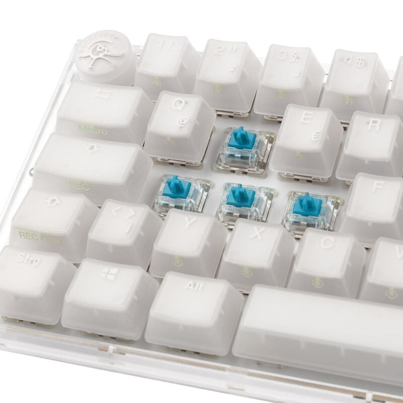 Ducky One 3 Aura White Mini 60% gamingtastatur RGB MX-Blue montert på skrivebord
