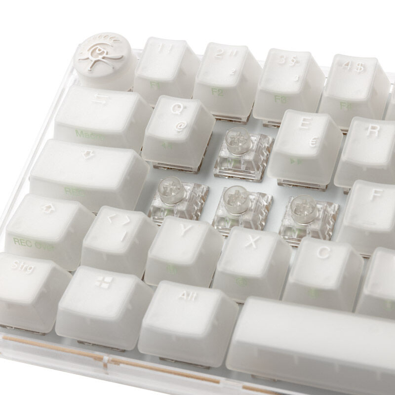 Nærbilde av pudding keycaps på Ducky One 3 Aura White Mini