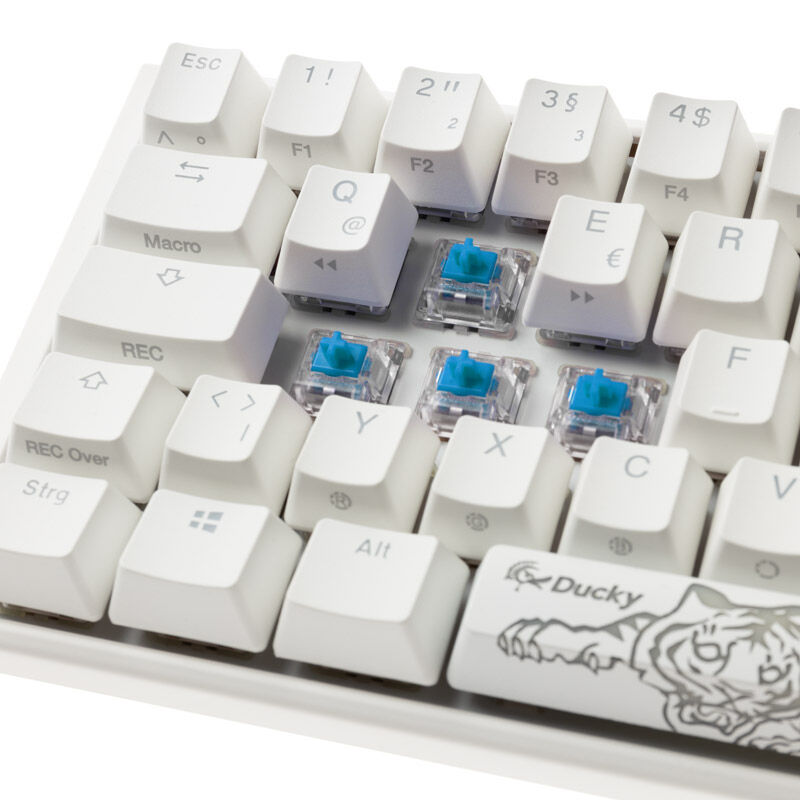 Detalj av Cherry MX Blue svitsjer i Ducky One 3 Classic Pure White SF