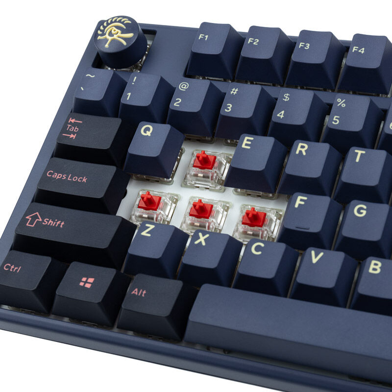 Nærbilde av Cherry MX Red brytere i Ducky One 3 Cosmic Blue