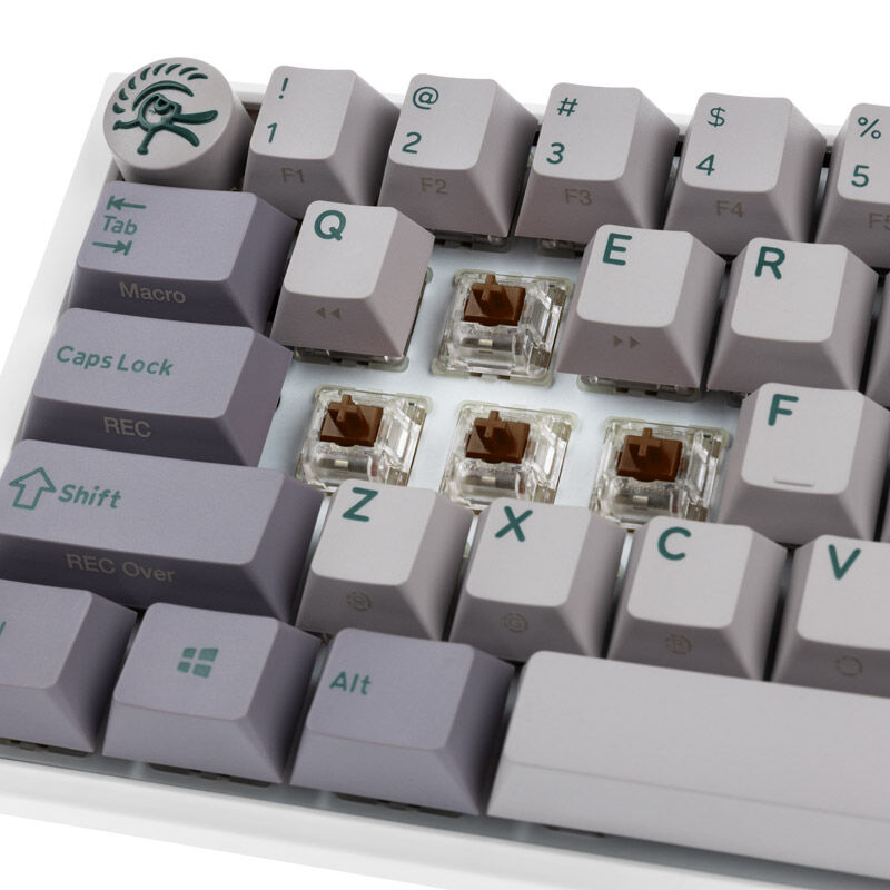 Nærbilde av Cherry MX Brown brytere på Ducky One 3 Mist Grey Mini