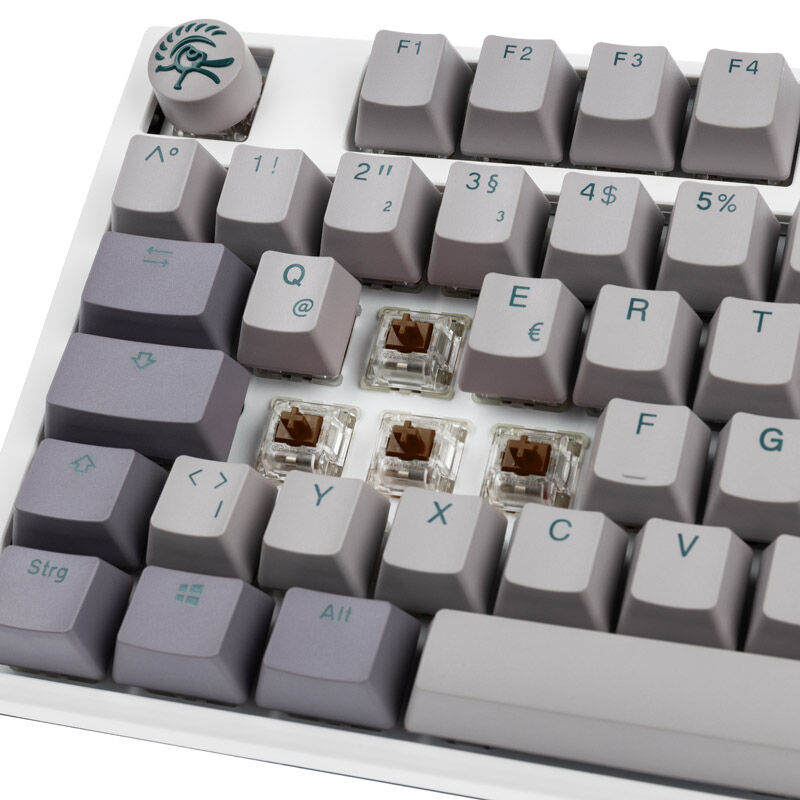 Nærbilde av Cherry MX Brown brytere i Ducky One 3 Mist Grey