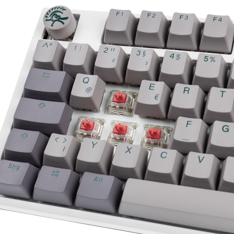 Nærbilde av Cherry MX Silent Red brytere i Ducky One 3 Mist Grey