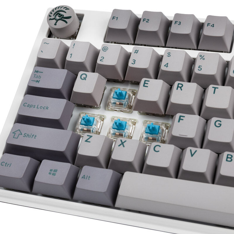 Nærbilde av Cherry MX Blue bryter i Ducky One 3 Mist Grey TKL gamingtastatur