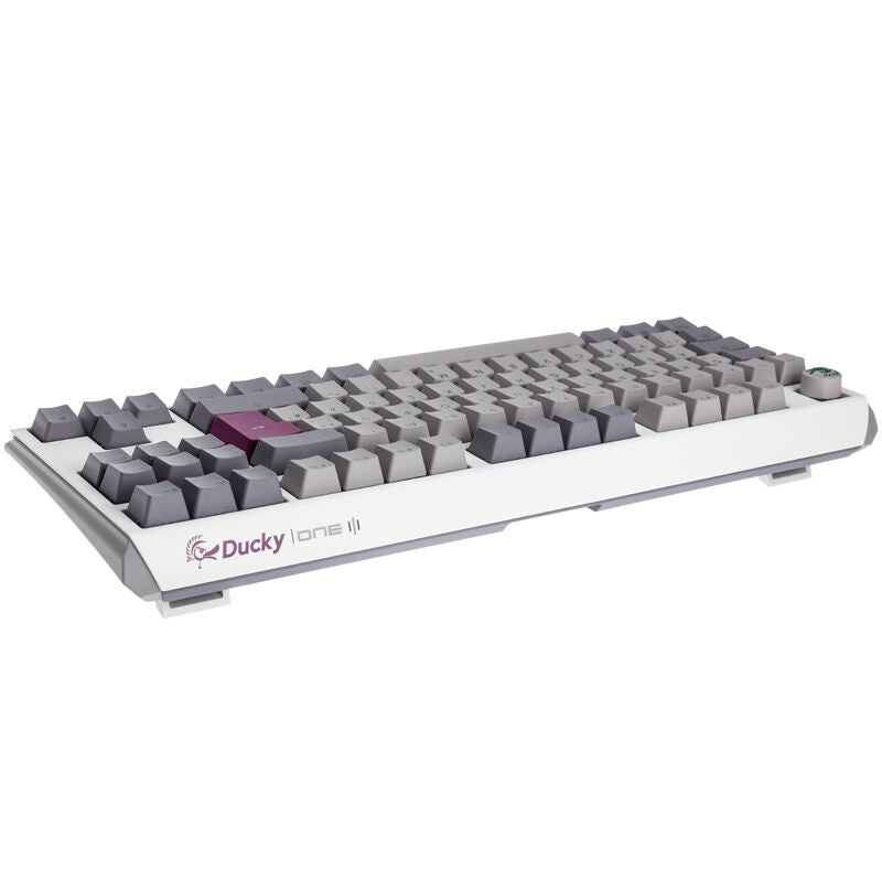Detalj av Cherry MX Blue brytere på Ducky One 3 Mist Grey TKL