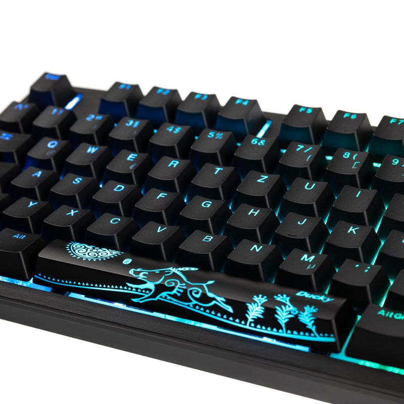 Nærbilde av Cherry MX Black brytere i Ducky Shine 7 PBT gamingtastatur