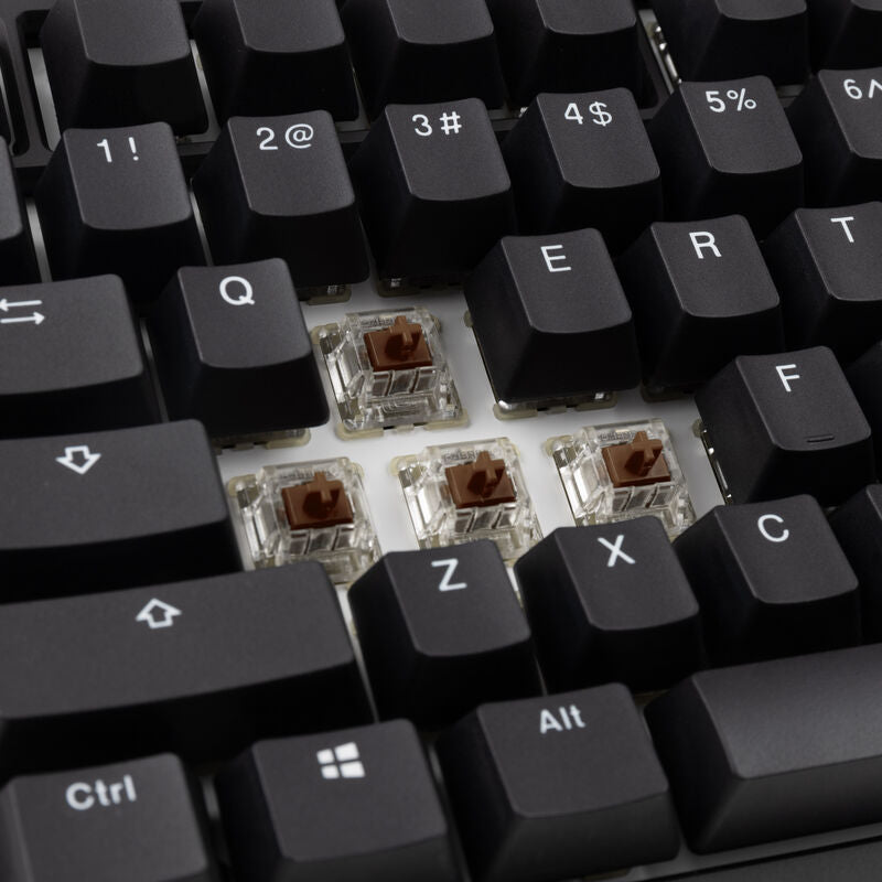 Nærbilde av Ducky Doubleshot PBT keycaps på Ducky Tinker 75