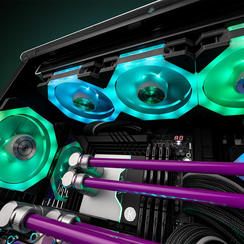 Nærbilde av LED-belysning på EK Water Blocks Quantum Impulse 120 D-RGB PWM vifte svart