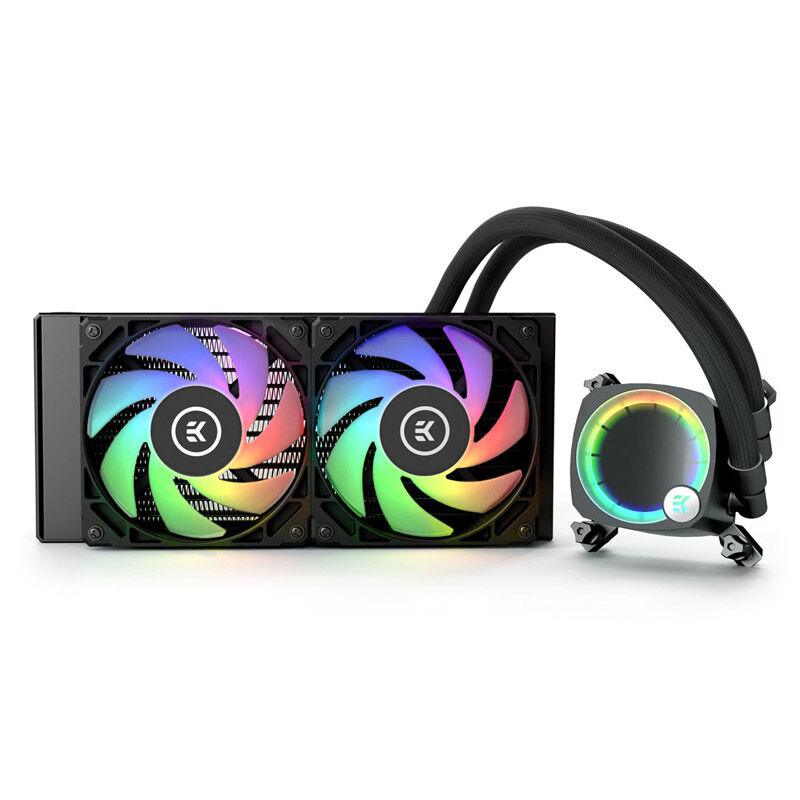 Nærbilde av radiator og vifter på EK Water Blocks Nucleus AIO CR240 Lux D-RGB vannkjøling hvit
