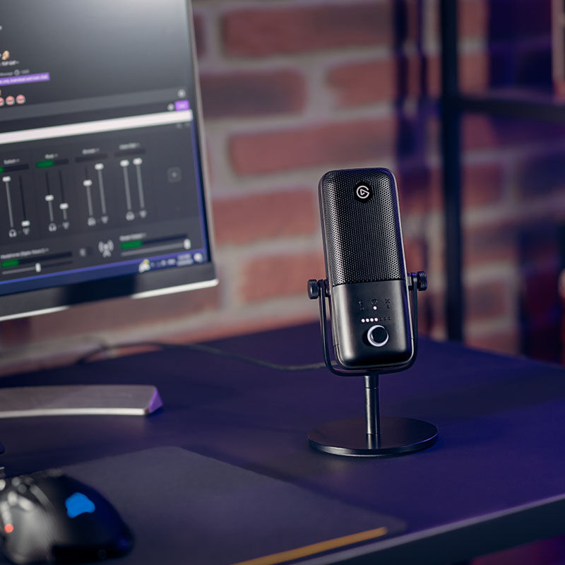 Nærbilde av kontrollknapper på Elgato Wave:3 USB kondensatormikrofon svart