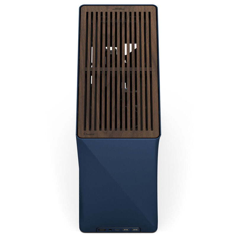 Detalj av valnøttpanel på Fractal Design Era 2 Mini-ITX kabinett blå