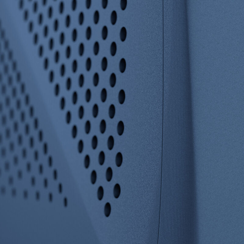 Nærbilde av vifter på Fractal Design Era 2 Mini-ITX kabinett valnøttpanel blå