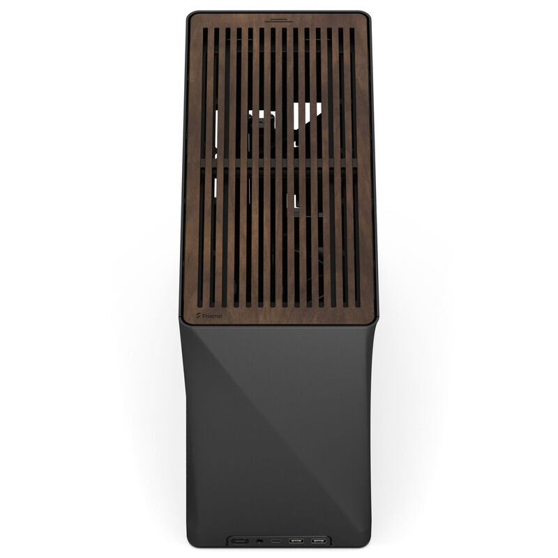 Detalj av valnøttpanel på Fractal Design Era 2 Mini-ITX kabinett grå