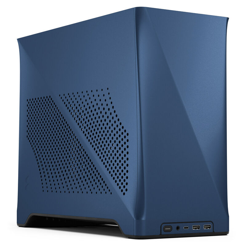 Bakside av Fractal Design Era 2 Mini-ITX kabinett valnøttpanel blå