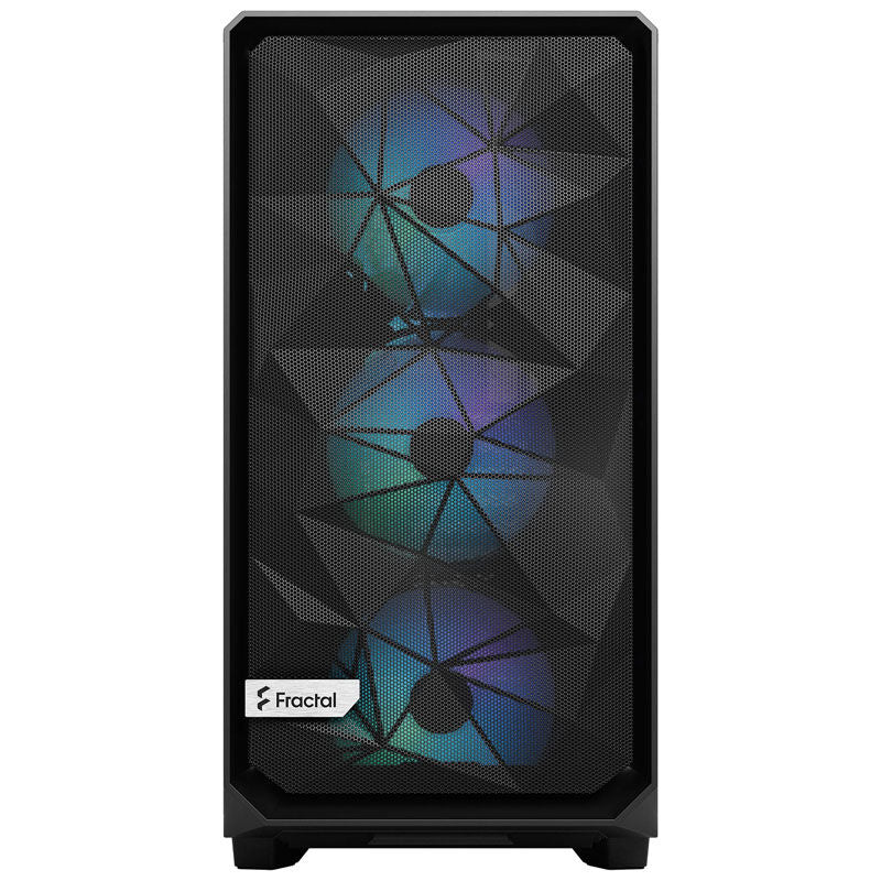 Detalj av mesh-front på Fractal Design Meshify 2 RGB kabinett midtårn herdet glass svart