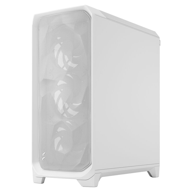 Nærbilde av ventilasjon og mesh på Fractal Design Meshify 3 kabinett midtårn E-ATX hvit TG