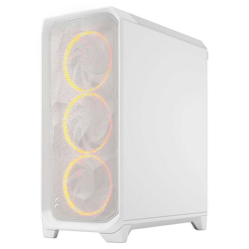 Nærbilde av RGB-vifte i Fractal Design Meshify 3 RGB TG kabinett midtårn E-ATX hvit