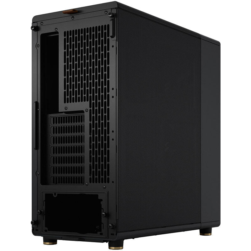Nærbilde av valnøttfront på Fractal Design North kabinett midtårn ATX svart valnøtt