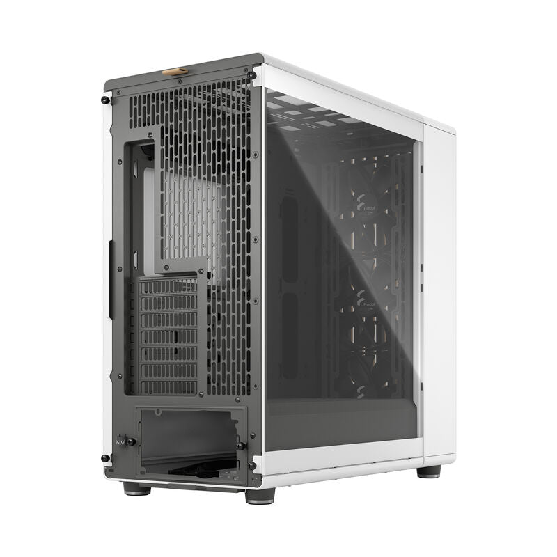 Detalj av Fractal Design North XL Chalk kabinett TG Clear hvit sidepanel i glass