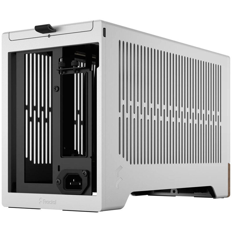 Detalj av Fractal Design Terra Mini-ITX SFF-kabinett grønn frontpanel i valnøtt