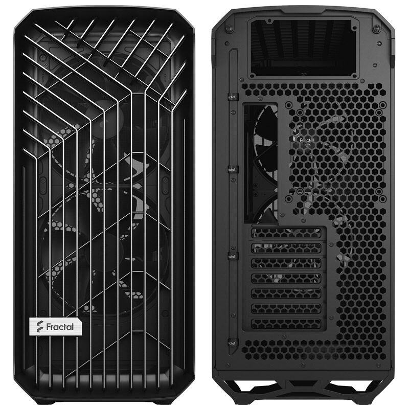 Nærbilde av frontpanel på Fractal Design Torrent Solid kabinett midtårn ATX svart