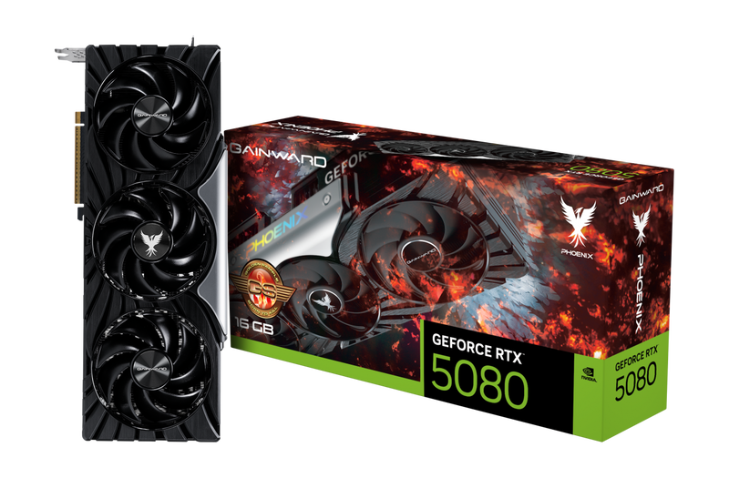 Gainward RTX 5080 Phoenix GS grafikkort forfra med RGB-belysning
