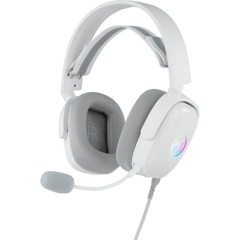 Detalj av GAMIAC HS71 gamingheadset 7.1 RGB 50 mm hvit mikrofon