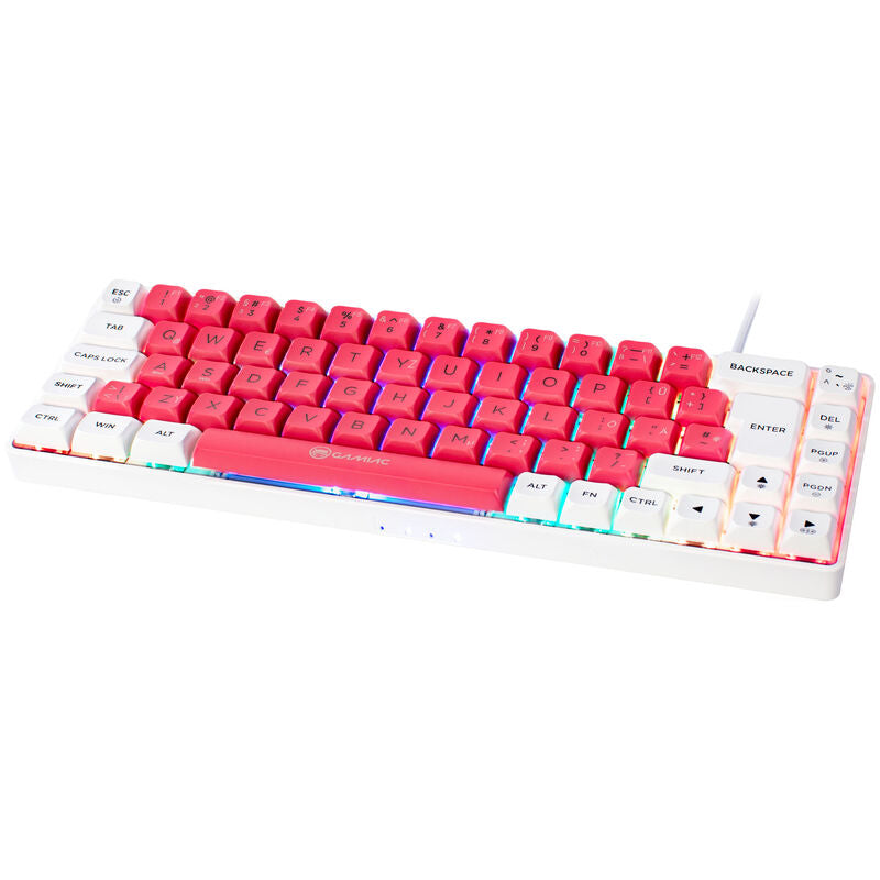 GAMIAC TKL69G SF gamingtastatur 65 % Kailh Red RGB hvit/rød forfra