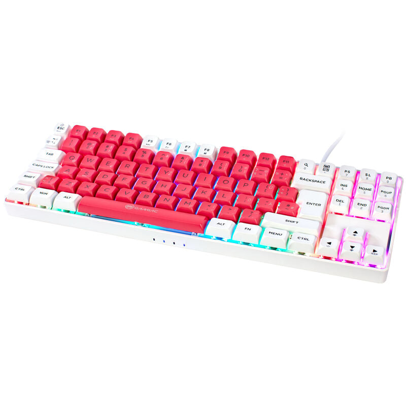 GAMIAC TKL90G gamingtastatur Kailh Blue Hot-Swap RGB hvit/rød forfra