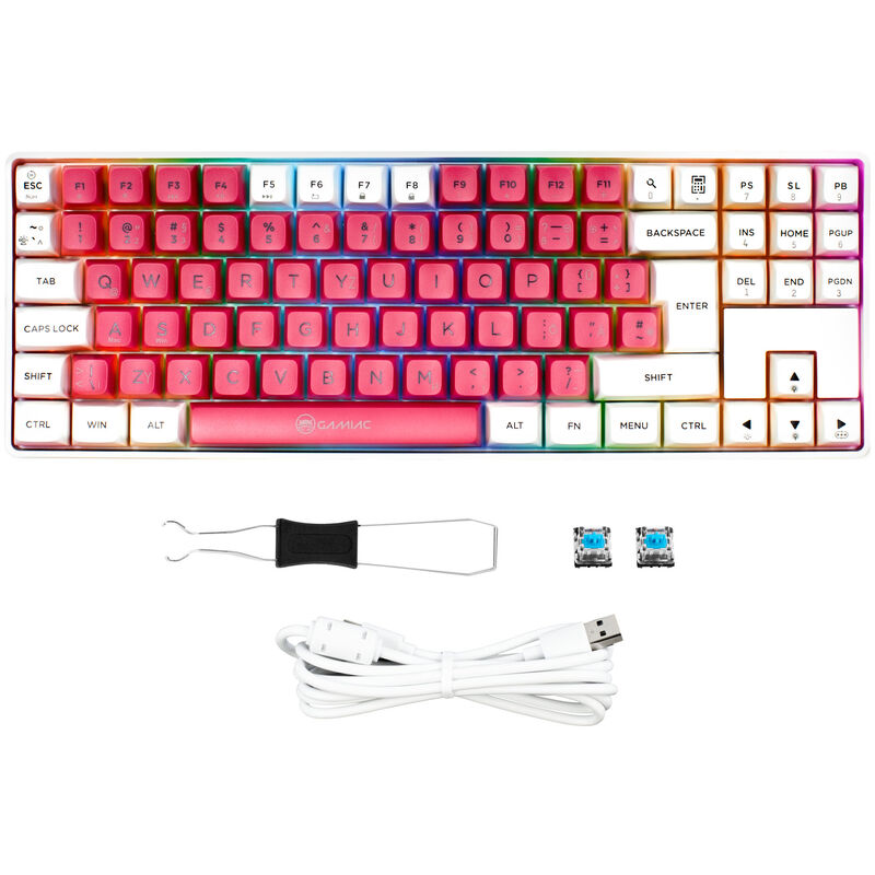 Sideprofil av GAMIAC TKL90G gamingtastatur Kailh Blue Hot-Swap RGB hvit/rød