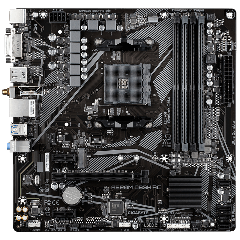Detalj av Gigabyte A520M DS3H AC hovedkort PCIe-skjøter