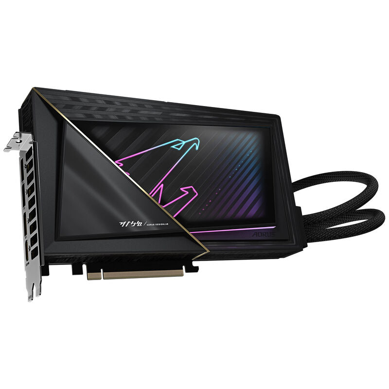 Detalj av Gigabyte Aorus GeForce RTX 5090 Xtreme Waterforce RGB-belysning